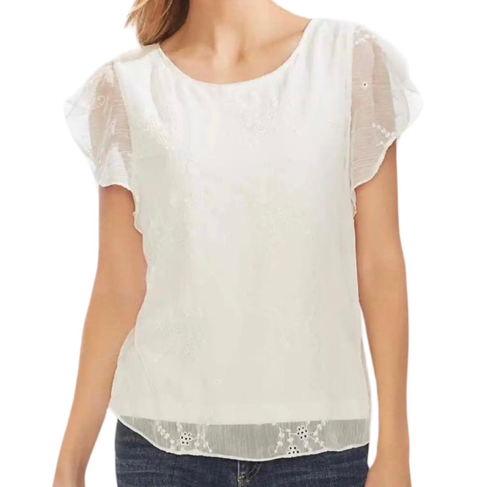 Vince Camuto Embroidered Cup Sleeves V-Neck Layered Cream Blouse